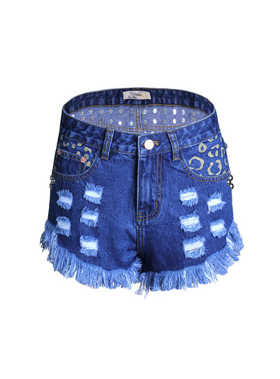 Punched High Waist Rivet Denim Shorts
