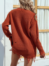 Solid Color V-neck Pierced Tassel Sweater