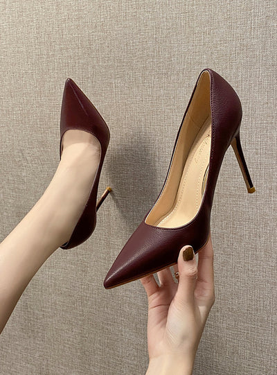 Soft Leather Thin Heel Pointed Tip Shallow Mouth Shoes