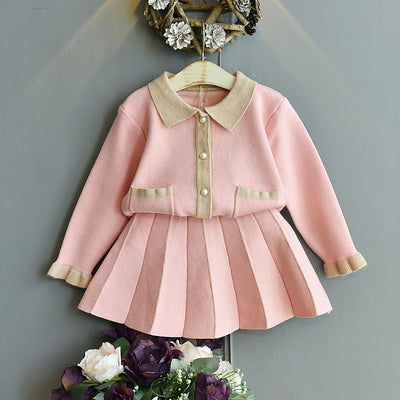 Girls' Sweater Contrast Stitching Coat Two-piece Set