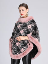 Plaid Plus Imitation Rex Rabbit Fur Collar Shawl Knitting