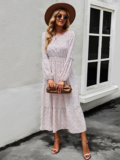 Printed Lantern Sleeve Round Neck Dress