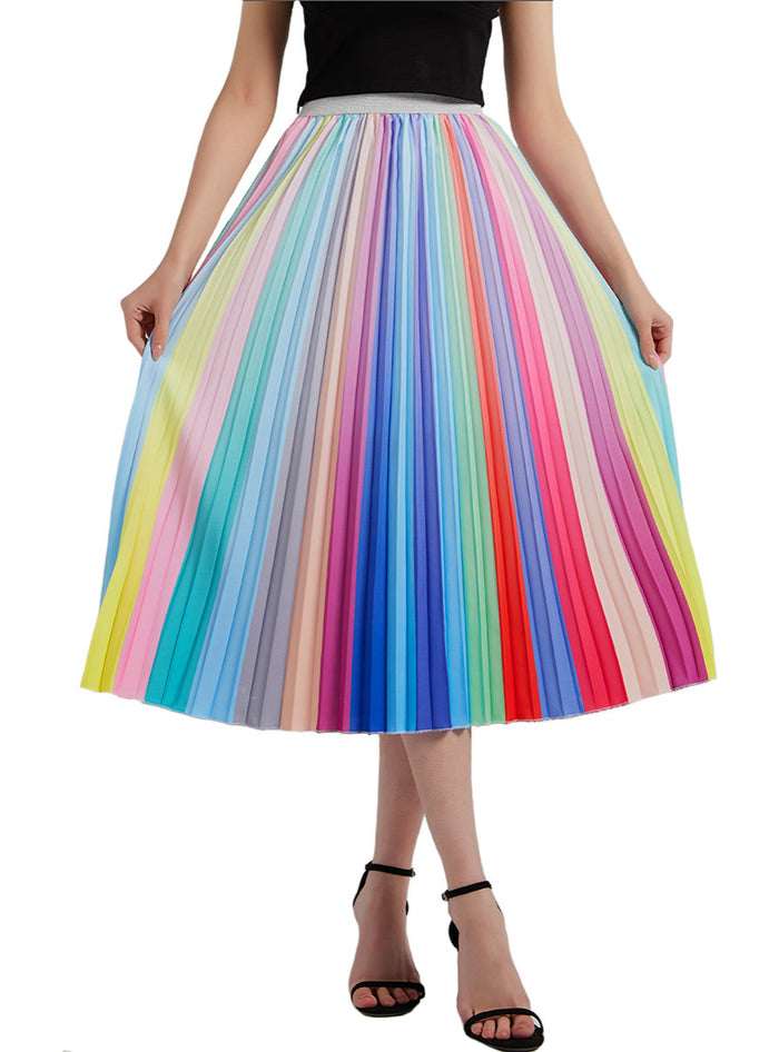 Rainbow Stripe Pleats Print Skirts