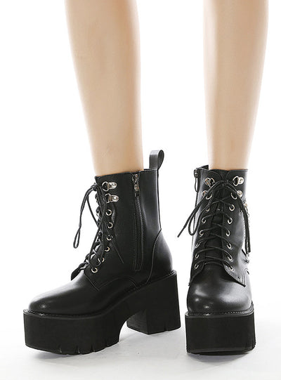 Front Zipper British Style Thick Heel Platform Booties