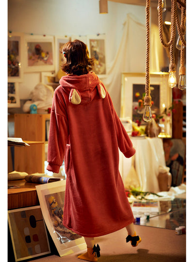 Thickened Lengthened Warm Coral Fleece Pajamas Red Dress