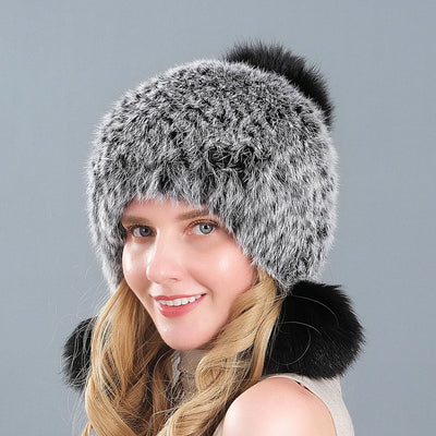 Rabbit Fur Fox Fur Ball Ear Protection Thick Warm Hat