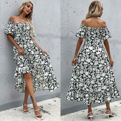 Slim-fit Long Split Short Sleeve Printed Dress