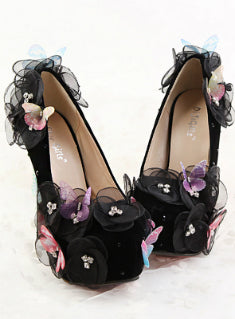 Black Butterfly Flowers Bridal Shoes Stiletto Heels