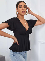 V-neck Silm Waist T-shirt Short Sleeve Shirt