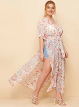 Flower Short Sleeve Chiffon Loose Long Split Coat