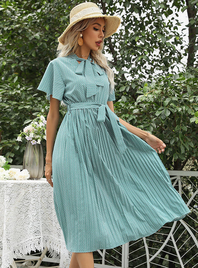 Bow Collar Pleated Geometric Print Dress