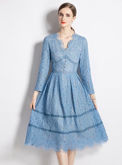 Retro Lace V-neck High Waist Slim Dress