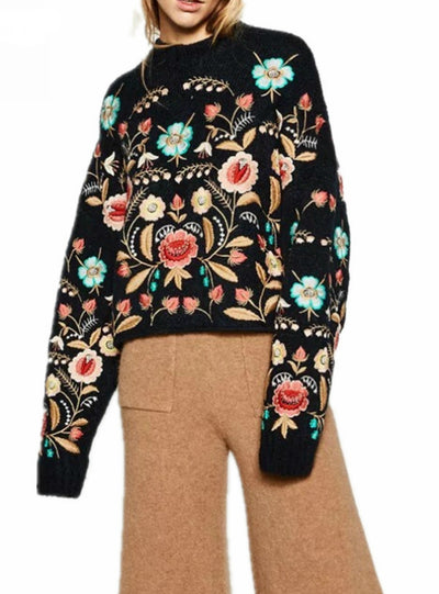 Women Knit Embroidery Flower Sweater Pattern