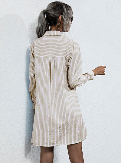 Women Striped Long-sleeved Shirt Dress