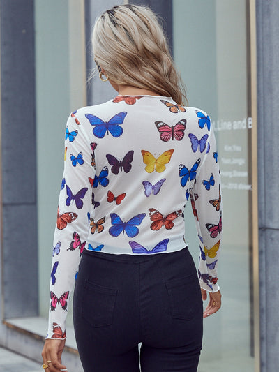 Slim Butterfly Printed Long Sleeve Ladies T-shirt