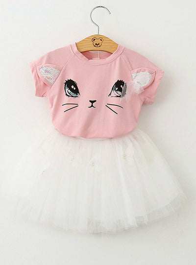 Cartoon Kitten Printed T-Shirts+Net Veil Dress