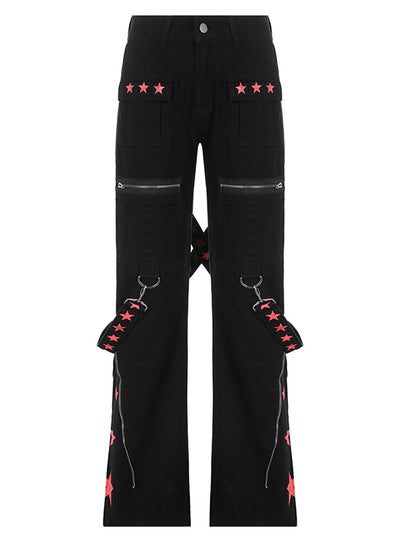 Five-pointed Star Printed Zipper Pocket Jeans