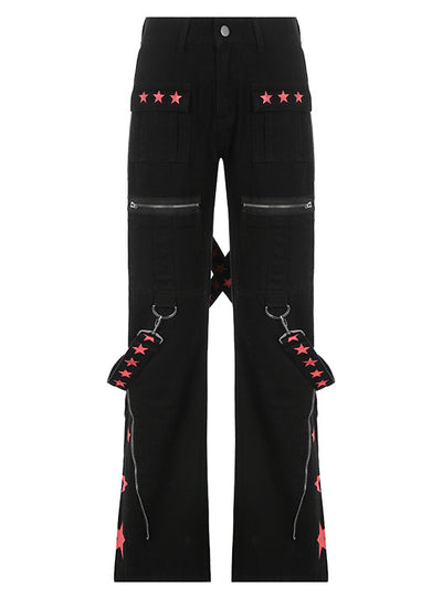 Five-pointed Star Printed Zipper Pocket Jeans
