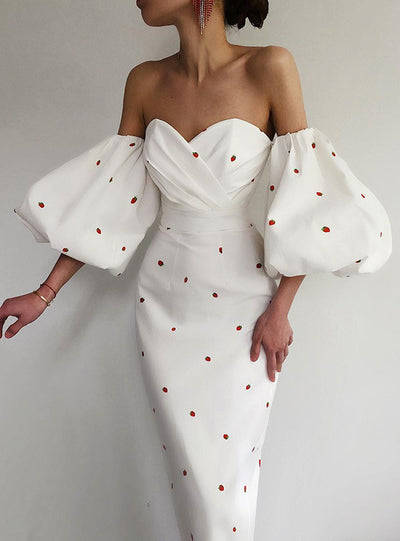 Lantern Sleeve Casual Strawberry Print Dress