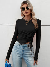 Casual Irregular Pleated Slim Long Sleeve T-shirt