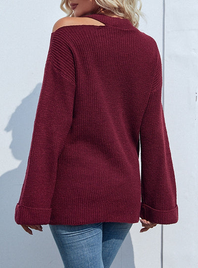 Sleeve Round Neck Shoulder-leaking Sweater