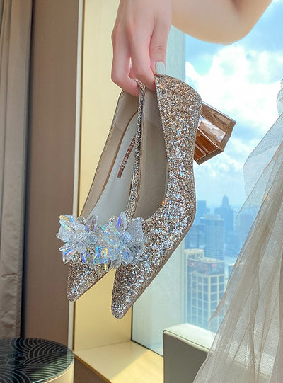 Crystal High-heeled Pointed Thick Heels Shoes