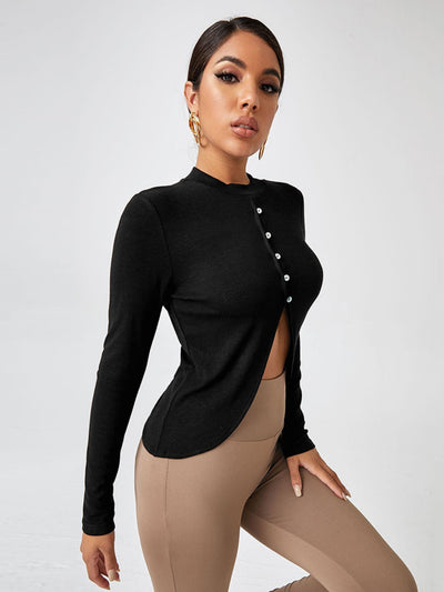 Sexy Hollow Button Round Neck T-shirt