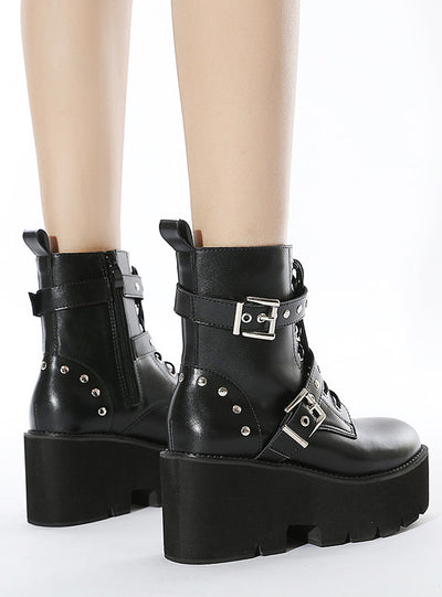 Round Toe Side Zipper Rivet High Heels Boots