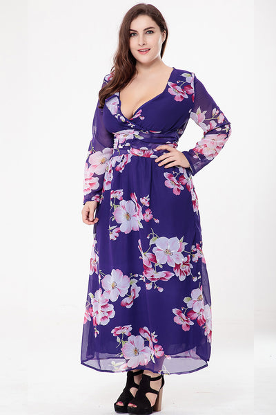 Chiffon Long Sleeve V-neck Printed Dress