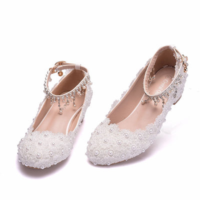 White Lace Square Round Head Wedding Shoes