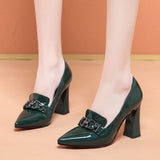 Buckle Pointed Shallow Thick Heel Patent Leather Shoes