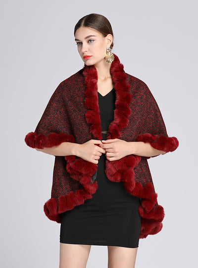 Wool-padded Faux Rex Rabbit Fur Collar Shawl Cape Loose