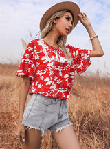 Red Printed Short-sleeved Lace-up V-neck Shirt