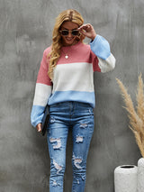Lantern Loose Sleeve Pullover Contrast Color Sweater