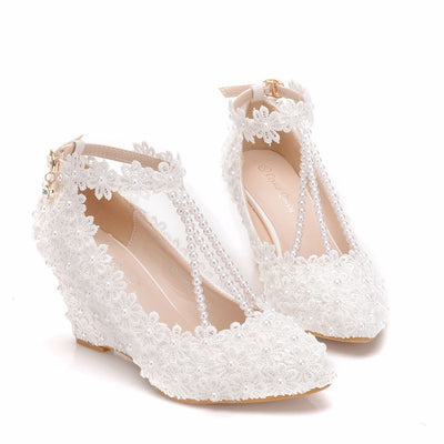 8 cm Pointed Wedge Lace Beaded Wedding Shoes