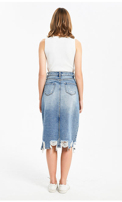 Irregular Tassel Ripped Denim Skirt