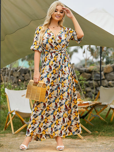 Printed V-neck Lace-up Trumpet Sleeve Long Dress