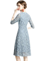 Blue 3/4 Sleeve V-neck Party Dress