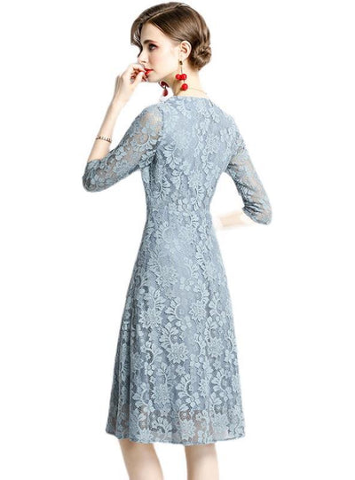 Blue 3/4 Sleeve V-neck Party Dress