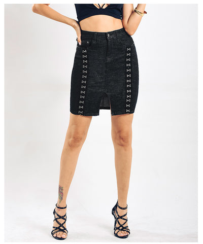 Women Rivet Split Jeans Skirt