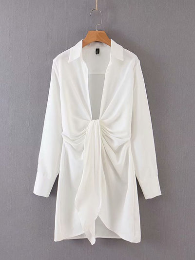 Women Irregularity Pleated Sexy White Shirtdress