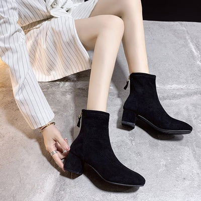 Frosted Thick Square Heel Rear Zipper Booties
