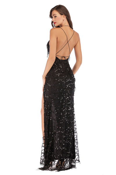 Sexy V-neck Sling Backless Sequined Dress