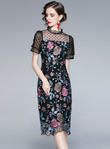 Heavy Embroidery Mesh Stitching Slim Dress