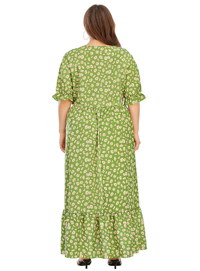 Printed V-neck Ruffle Trumpet Sleeve Chiffon Shirt