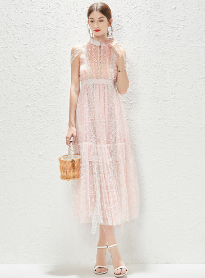 Collar Gauze Print Perspective Dress