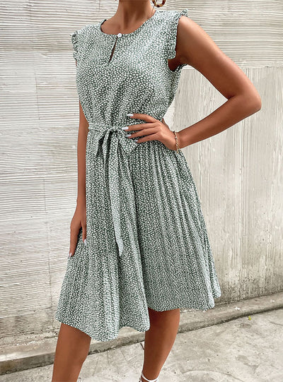 Casual Sleeveless Lace-up Pleated Floral Dress