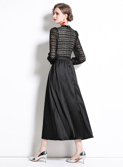 Retro Lace Stitching Bubble Sleeve Dress