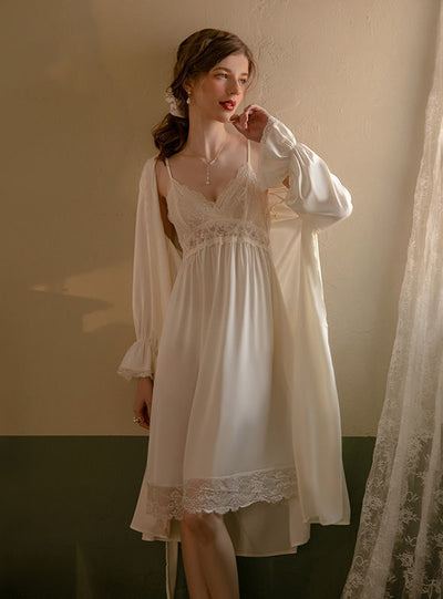 Suit Lace Satin Suspender Skirt+Robe Suit