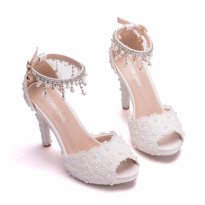Thin Lace Beaded Fishmouth High-heeled Sandals
